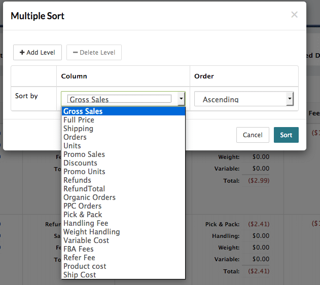 product stats multisort popup