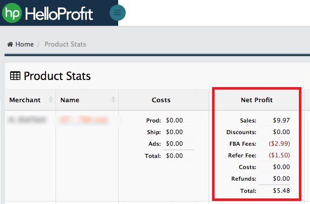 helloprofit amazon product stats dashboard